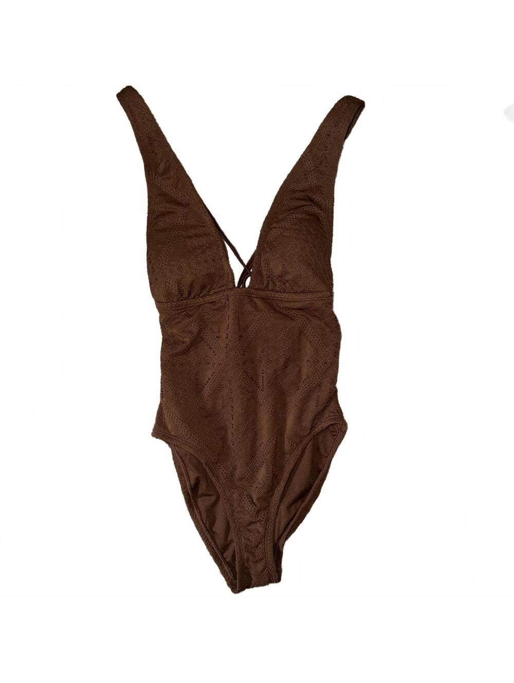 Shade & Shore Brown Plunge One Piece Swimsuit XS NWT Deep V neck